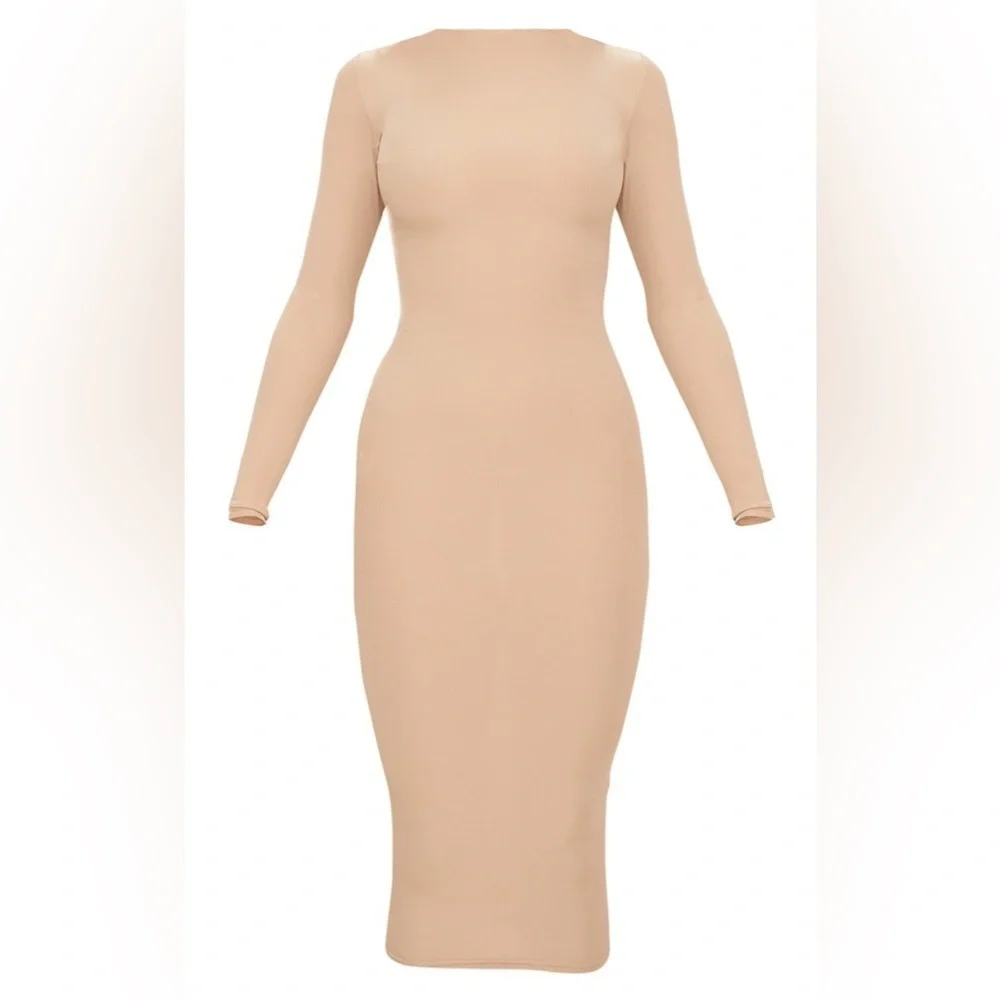 Pretty Little Thing Basic Stone Ribbed Sleeve Midi Dress in Size 2 - Picture 3 of 5